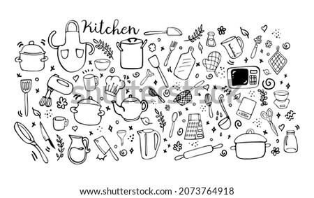 Kitchen utensils set in doodle style. Hand drawn sketches of different cooking tools. Black and white vector objects on isolated background. Royalty-Free Stock Photo #2073764918
