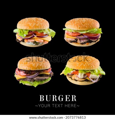 Large set of four Tasty burgers with salmon, chicken, beef and pork with melted cheese, lettuce, pickles, red onion rings, tomato slices isolated on black background. Text space web banner