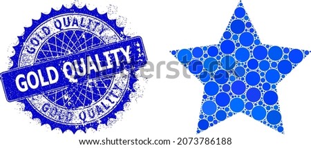 Gold star vector collage of round dots in various sizes and blue color shades, and distress Gold Quality stamp. Blue round sharp rosette seal has Gold Quality title inside.
