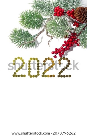 The year 2022 and a sprig of a Christmas tree with red berries on a white background. Happy New Year!