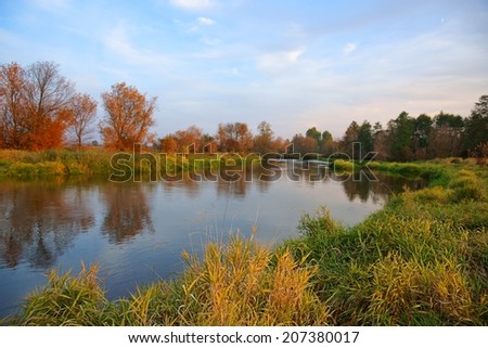 Autumn, river, grass and trees in fall colors