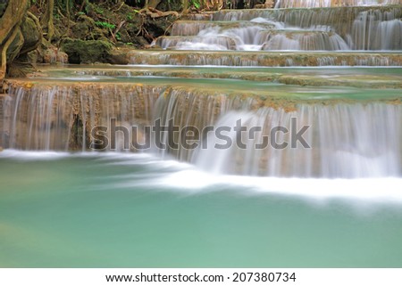 Stream of deep forest Waterfall in Kanchanaburi, Thailand.