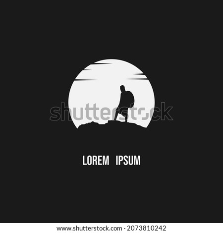 a tourist climbs the mountain symbol, travel, and expedition logo template. Silhouette of a climber