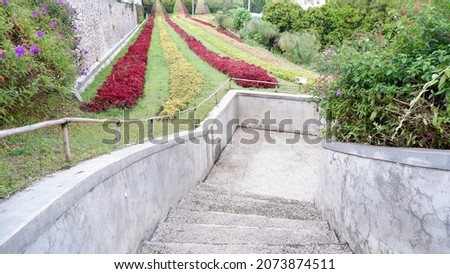 Stairs to the flower garden, the garden where flowers are planted and raised. Flower gardens can arrange blooms and color combinations that are consistent throughout the seasons