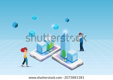 Meta verse, virtual reality and augmented reality technology. Man and woman wear VR glass experience 3D virtual reality on smartphone with blockchain and city buildings environment interface Royalty-Free Stock Photo #2073881381