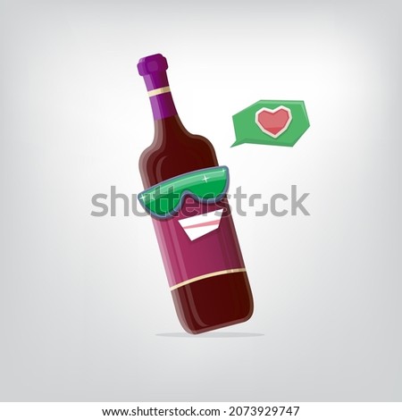 vector funny cartoon red wine bottle character with sunglasses isolated on grey background. funky smiling glass wine bottle character design template for wine menu or wine map. Royalty-Free Stock Photo #2073929747