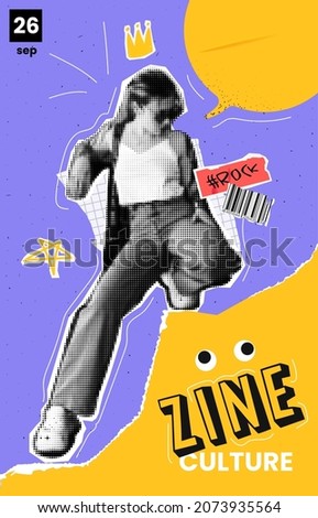 Art collage banner. With halfone faces. Flyer design in pop art cartoon style. In violet and yellow and red colour. With torned noted paper and speech bubble and female with crown. Royalty-Free Stock Photo #2073935564