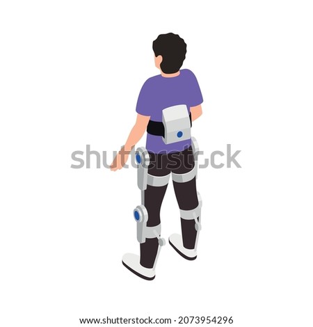 Exoskeleton bionics isometric composition with isolated charater of man wearing exoskeleton bionic suit vector illustration