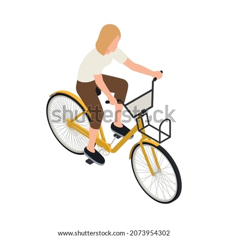 Bicycle people isometric composition with isolated images of female character riding bike vector illustration