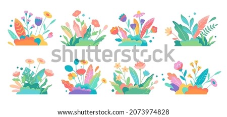Abstract modern foliage collection. Spring meadow with flowers and grass. Botanical futuristic elements isolated on a white background. Vector illustrations in flat style.  Royalty-Free Stock Photo #2073974828