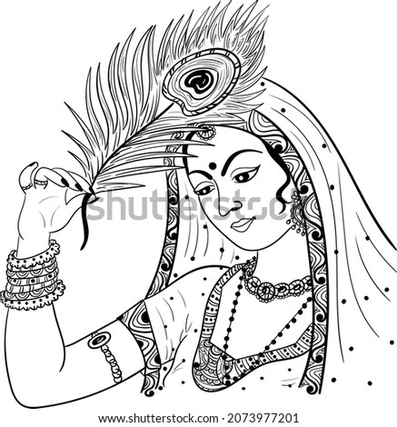 Indian Goddess radha with peacock feather, Indian traditional symbol peacock feather vector illustraiton black and white line drawing. Indian wedding clip art.