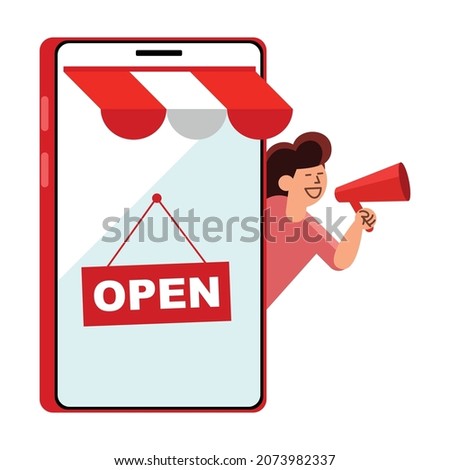 Illustration of a smartphone opened as a shop and the shop owner is advertising