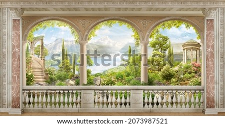 Antique balcony view to the sea landscape. Digital collage for the purpuse of mural printing. Royalty-Free Stock Photo #2073987521