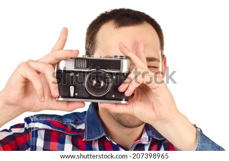 man with camera isolated on white background