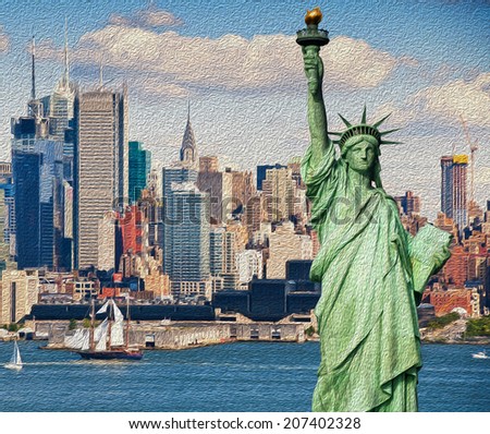 photo tourism concept for beautiful new york city skyline oil painting