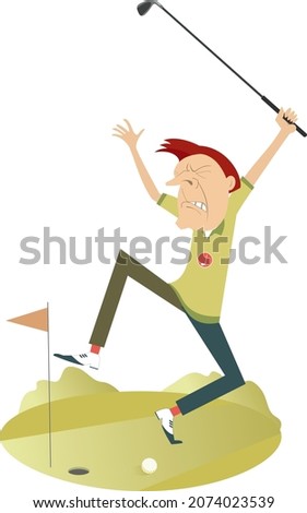 Upset golfer on the golf course illustration. 
Cartoon angry golfer man with hands up trying to do a good kick 

