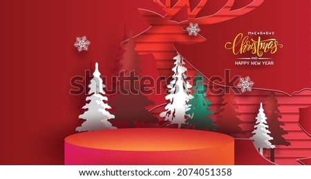 Merry Christmas  product display with copy  minimal mock up scene. geometry podium shape for show cosmetic product display. stage pedestal or platform.  red background with tree xmas. 3D vector