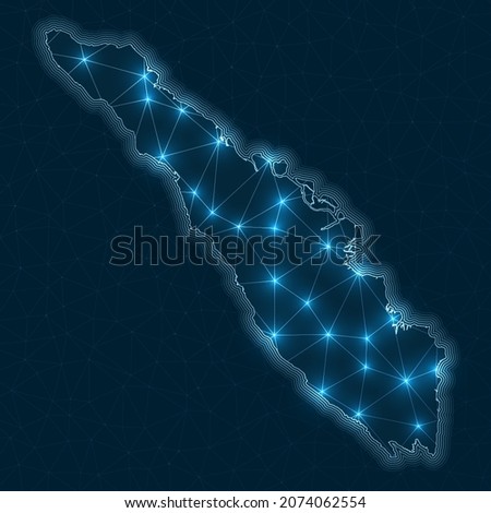 Sumatra network map. Abstract geometric map of the island. Digital connections and telecommunication design. Glowing internet network. Beautiful vector illustration.