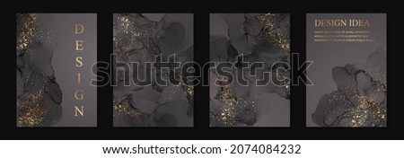 Modern watercolor background or elegant card design for birthday invite or wedding or menu with abstract black ink waves and golden splashes. Royalty-Free Stock Photo #2074084232