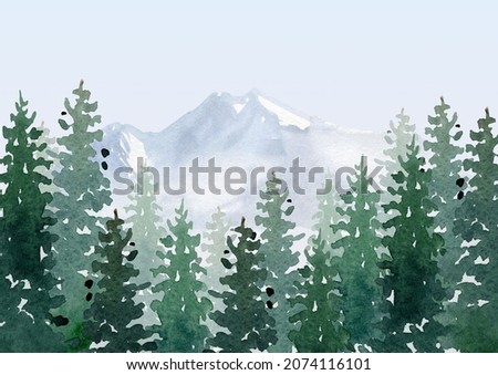 winter forest landscape clipart, watercolor woodland clip art, winter printable digital background, snowy mountain
