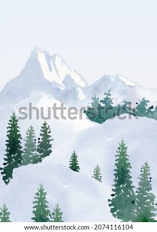 winter forest landscape clipart, watercolor woodland clip art, winter printable digital background, snowy mountain