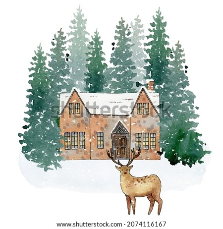 winter landscape clipart, watercolor christmas house, woodland animals deer printable clip art, forest sublimation design, cabin