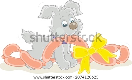 Little playful puppy glutton and tasty gift sausages decorated with a bow for its first birthday, vector cartoon illustration isolated on a white background