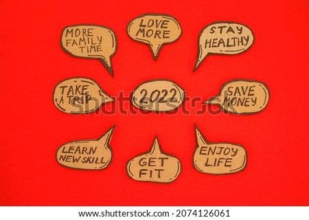 2022 New Year resolutions, such as love more, stay healthy, save money, get fit, learn new skill, more family time, take a trip written on the cartoon bubbles on the red background. 