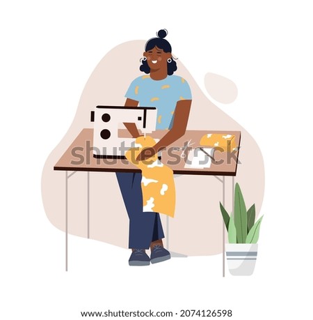 Fashion designer concept. Young smiling woman sits at sewing machine and creates dress. Female character at work. Stylish clothes. Creative workplace. Cartoon contemporary flat vector illustration