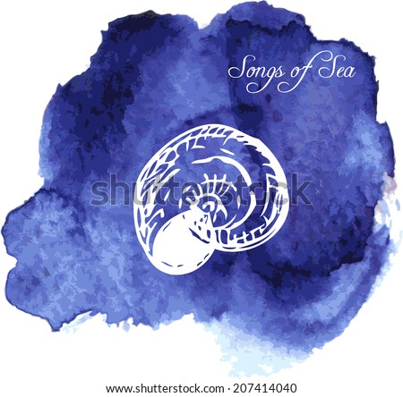 line drawing shell at blue watercolor background, hand drawn vector illustration