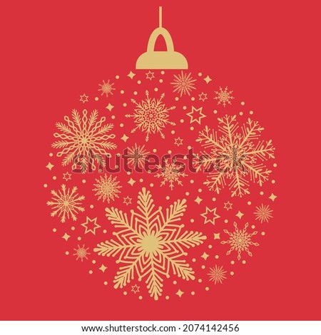 Christmas ball bauble, decoration bulb bubble silhouette with golden snowflakes and snow on red background. Cute New Year winter holiday clip art, design element for greeting card, invitation, banner