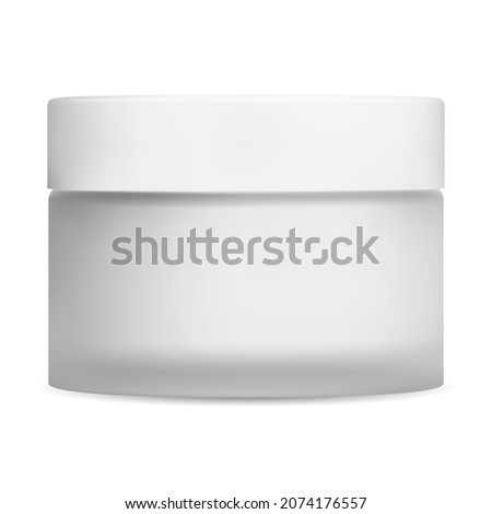 Clear cream jar. White matt glass cosmetic package, plastic lid. Face creme pack, vector container template. Skin blush care gel jar, round design. Medical ointment template Royalty-Free Stock Photo #2074176557