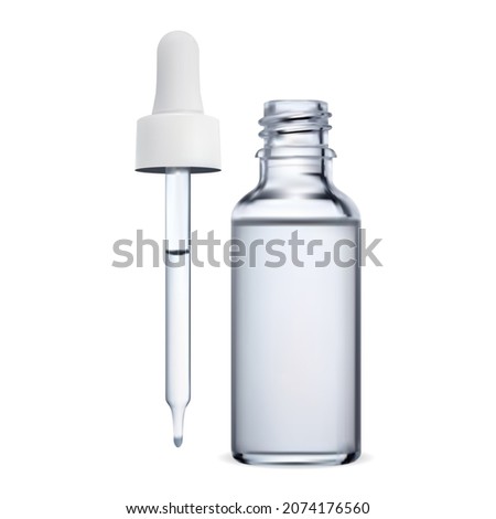 Serum bottle. Collagen essence dropper bottle design. Face therapy treatment with glass pipette, q10 enzyme solution on white background. Blue glass droplet bottle, essential oil brand Royalty-Free Stock Photo #2074176560