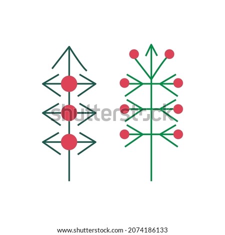 Abstract geometric christmas tree with red balls. Vector outline design element. Two versions.