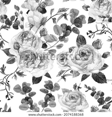 Realistic retro pattern with black and white roses on a white background for home decor and textiles and surface design
