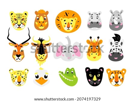 Cute animals set. Wildlife african animal heads: camel, zebra, giraffe, rhino, ostrich, hippo, antelope, wildebeest, elephant, crocodile, lion, cheetah, leopard, panther, tiger. Сartoon illustration