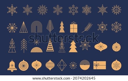 Simple Christmas background, golden geometric minimalist elements and icons. Happy new year banner. Xmas tree, snowflakes, decorations elements. Retro clean concept design Royalty-Free Stock Photo #2074202645