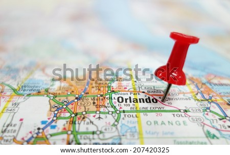 Closeup of Orlando Florida map and red tack                                Royalty-Free Stock Photo #207420325