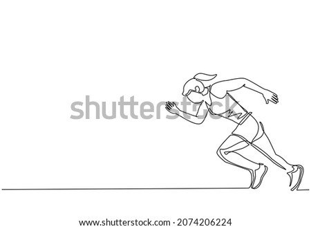 Continuous one line drawing young agile woman runner focus practicing to run fast. Health activity sport concept. Running international tournament. Single line draw design vector graphic illustration