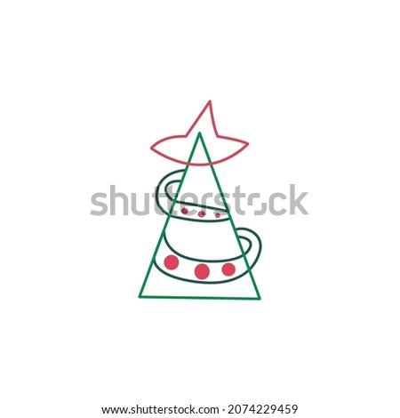 Cute doodle christmas tree with star and ribbon. Vector outline design element for new year or christmas greeting cards, banners, flyers