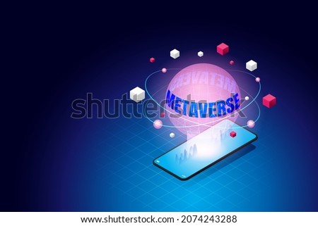 World metaverse on smartphone. limitless virtual reality technology for future digital devices. isometric vector illustration. Royalty-Free Stock Photo #2074243288