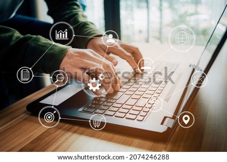 Businessman working remotely at office, modern interface payments online shopping and icon customer network connection.
