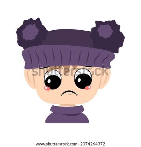 Child with sad emotions, depressed face, down eyes in violet hat with pom pom. Head of toddler with melancholy expression
