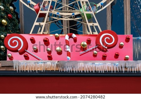christmas background. New year concept. Christmas decorations on candy store