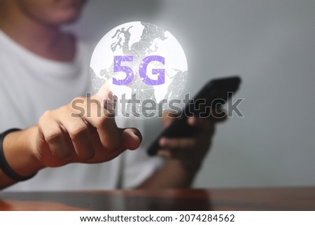 Global network concept. Global network connection 5G on hand man. Global network connection 5G concept.