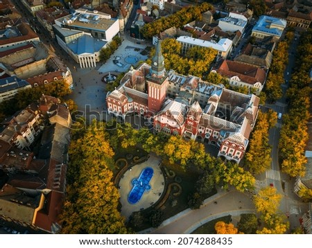Drone view of Subotica's downtown area during sunset Royalty-Free Stock Photo #2074288435