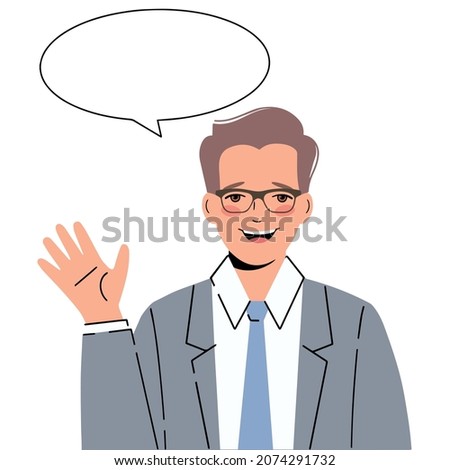 Illustration of  man in a suit with  welcoming gesture. Man says hello!	
