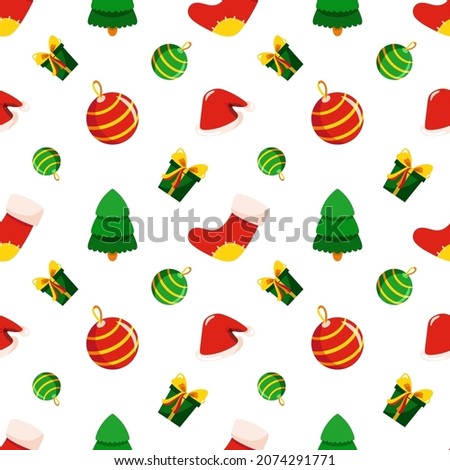 Vector seamless pattern with Christmas elements-stockings,tree,ball,wrapped gift,Santa hat.Vibrant red and green traditional design for New year party and decoration,stickers,prints