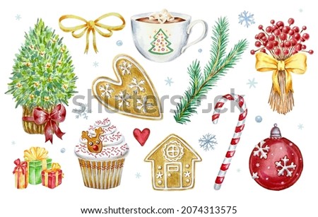 Watercolor winter set of Christmas ements isolated on white background. Hand painted Christmas tree, gift boxes, ornaments, cup of hot cocoa with marshmellows,cookies house, cupcake, candy cane