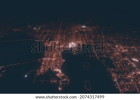 Tampa aerial view at night. Top view on modern city with street lights. Satellite view with glow effect